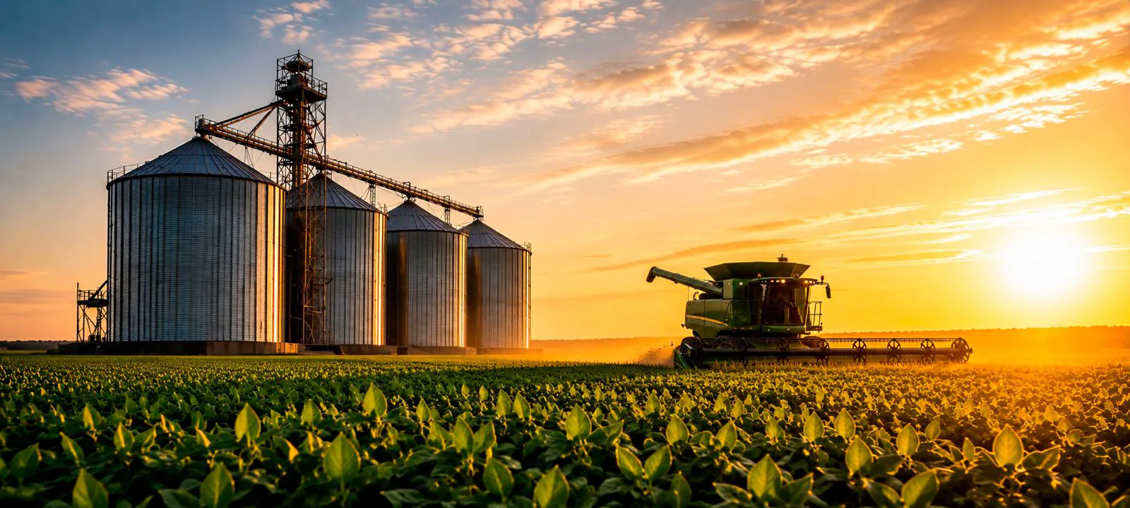 Colheitadeira em lavoura de soja ao pôr do sol, com silos de armazenagem ao fundo